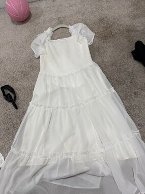 Amazon White Sheer Tiered Maxi Dress with Smocked Bodice